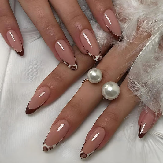 LPOODDNU Leopard Press on Nails Almond - Medium Fall Fake Nails with French Tip Designs, Glossy Finished Reusable False Nails with Double Adhesive Glue Tabs - 24Pcs Nail Kit for Women Manicure