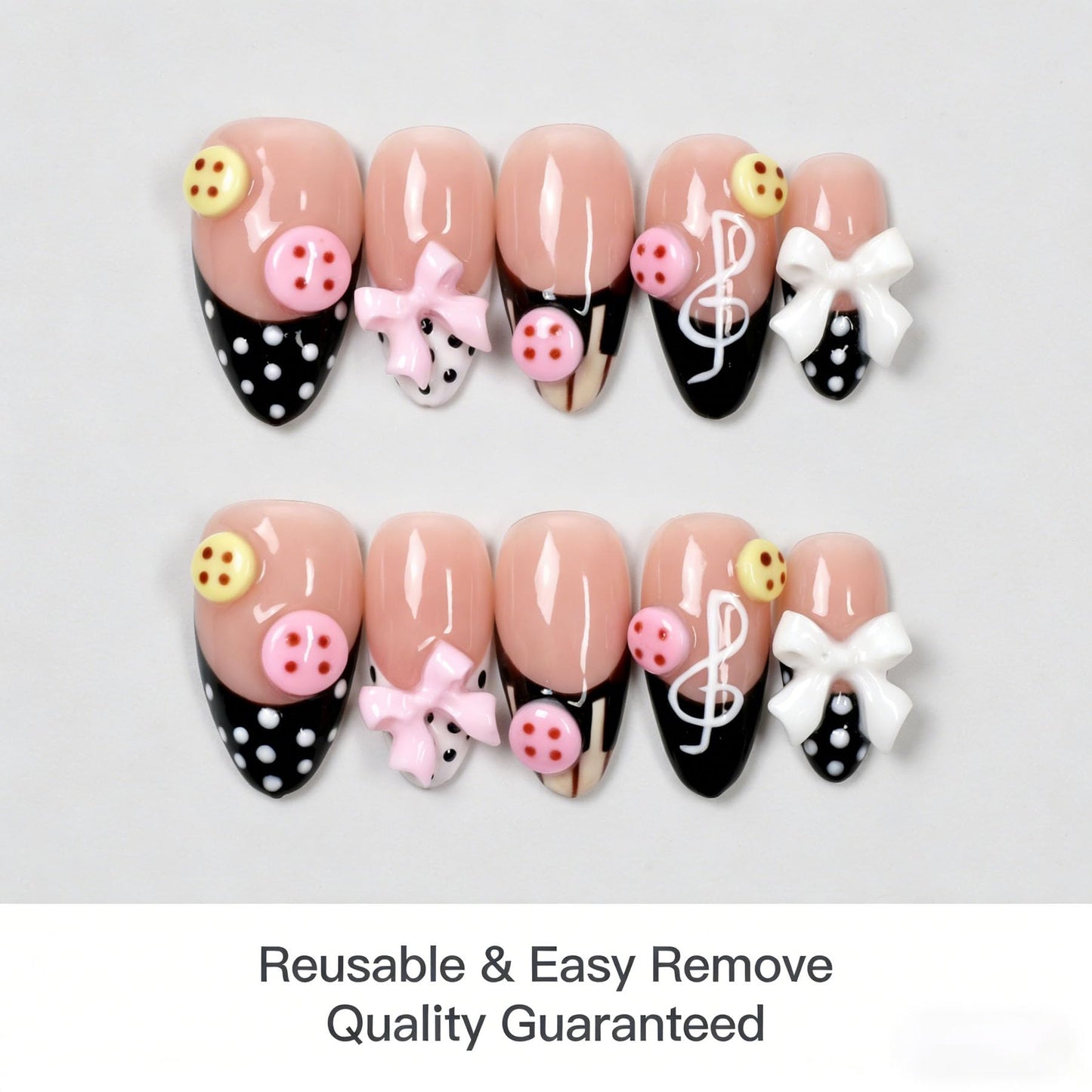 Handmade Press on Nails Almond Shape 3D Cute Glue on Nails for Women, Luxury Homemade Press on Nail Art Design, Fake Nails with 3D Nail Charms Size M 8