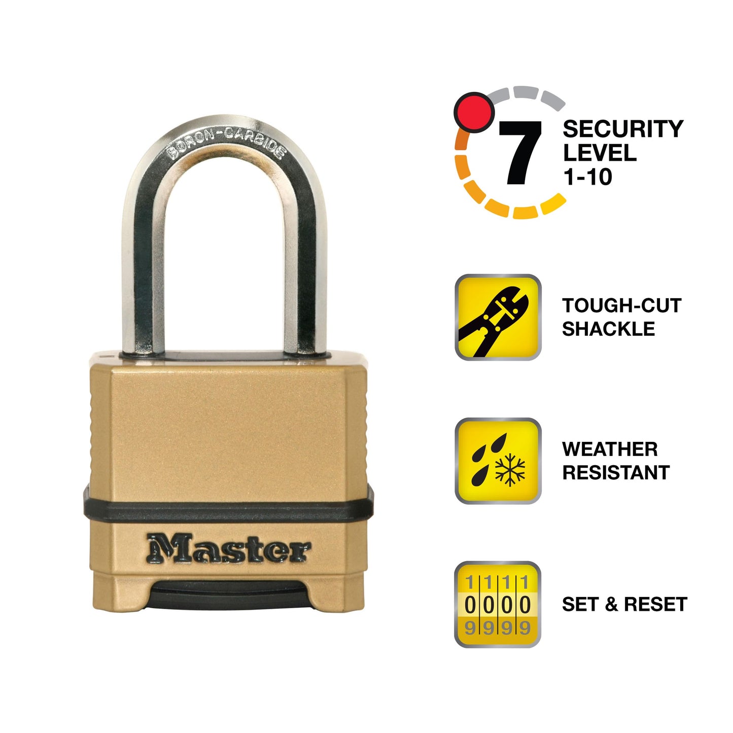 Master Lock Gold Combination Lock, Heavy Duty Weather Resistant Padlock, Resettable Combination Lock for Outdoor Use 1.2 x 2 x 3.87 inches, 2 Pack, M175LFEC2