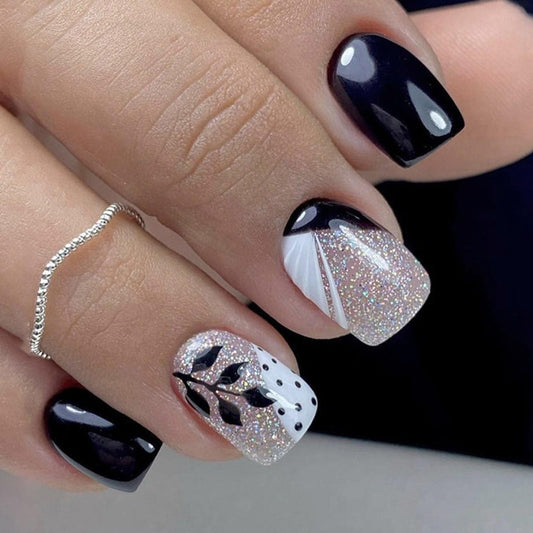 YOJIATOP Fall Press-on Nails - Short Square False Nails with Leaves & Glitter Designs, French Tip, Glossy Glue-on Nails - Black - 24 Pcs