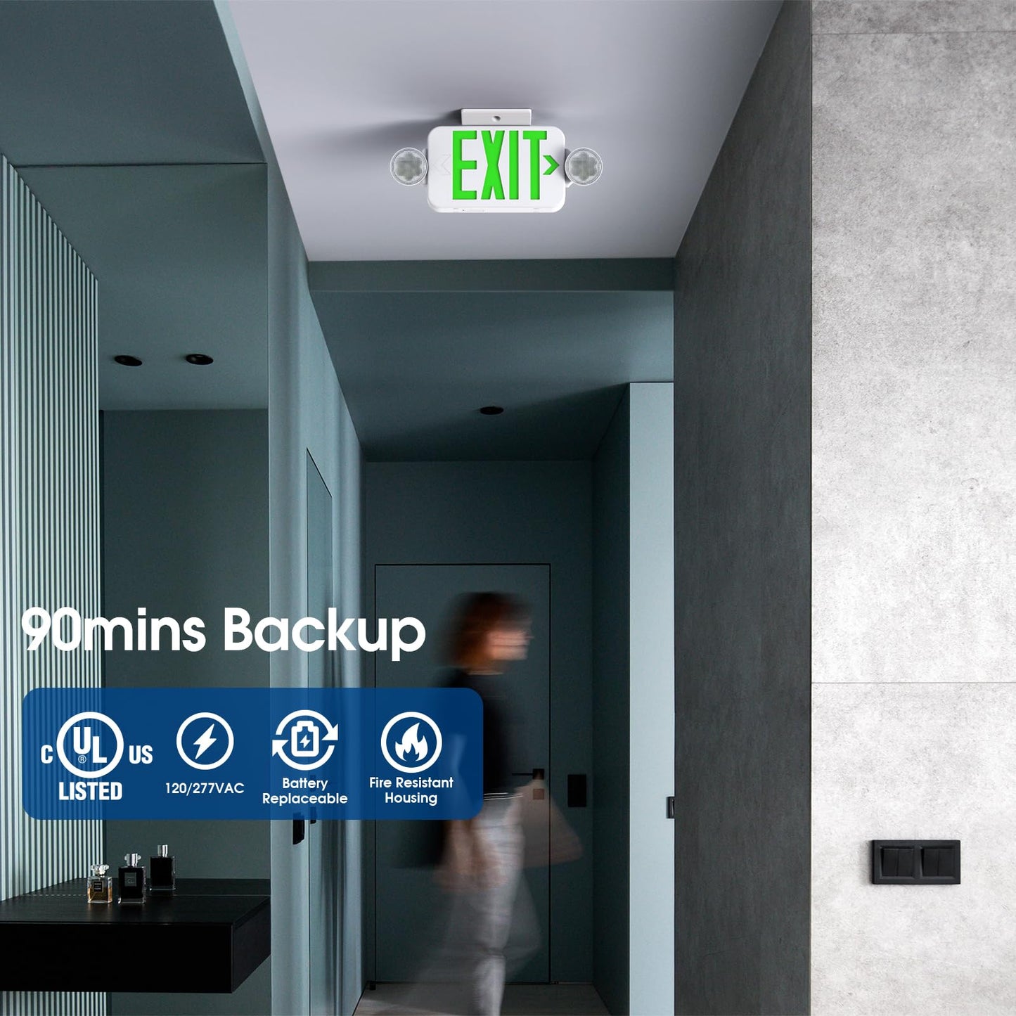 SASELUX Green Led Exit Sign Emergency Light Combo Adjustable Two Head, Double Sided and Battery Backup Exit Light, Contractor Select, AC 120/277V (4 Pack)