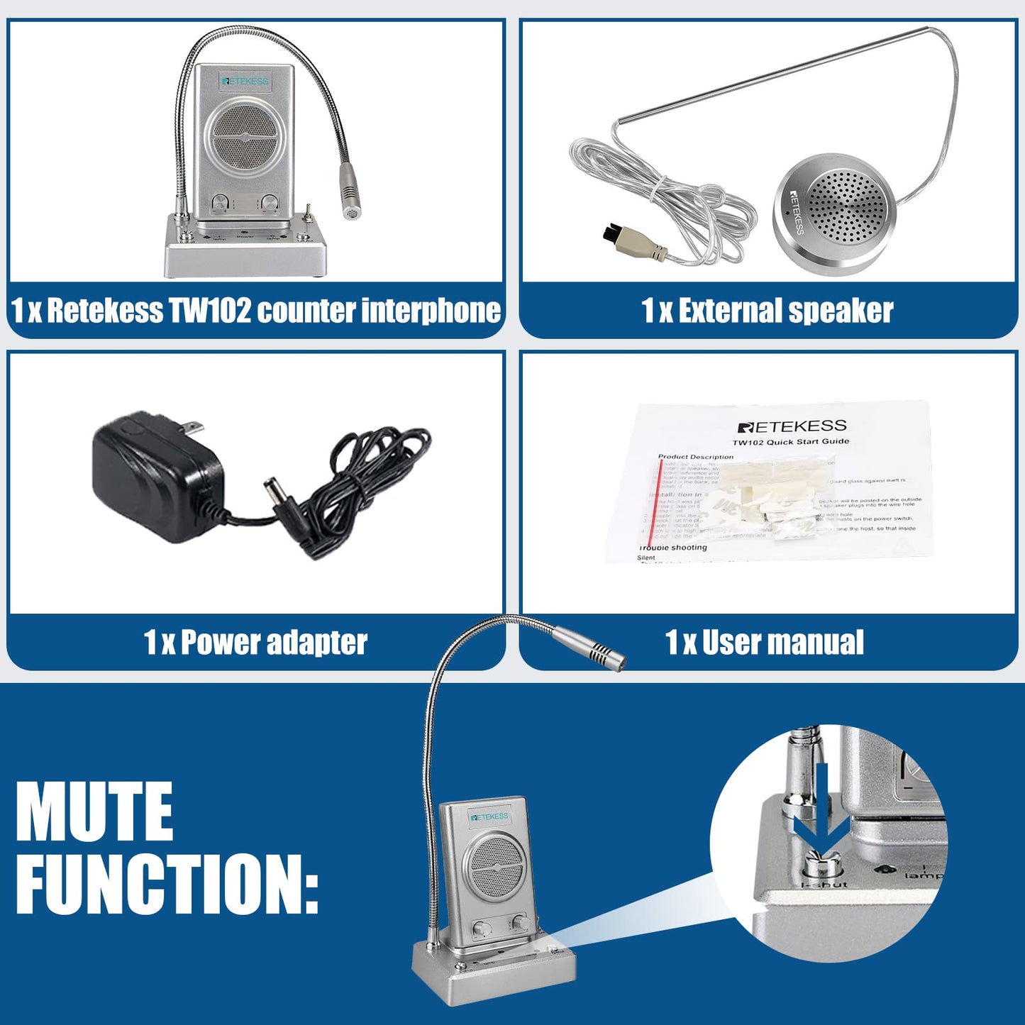 Retekess TW102 Window Microphone Speakers, Window Intercom System, 8M Cable with Loud Outer Speaker, Intercom System for Business, Bank, School, Hospital