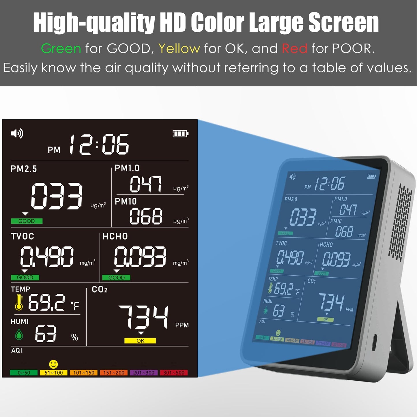 Professional Indoor Air Quality Monitor with AQI Alarms, Portable Real-Time Detector for Home Cars Plants and Pets (Grey)