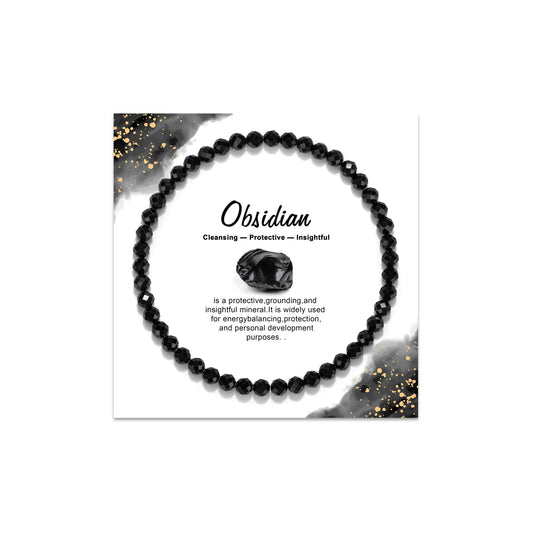 GolbalJew Natural Gemstone Beads Bracelets Healing Crystal Stone Beaded Bracelet for Women Men Handmade Spiritual Jewelry Gifts, 4mm Obsidian Faceted Round Beads