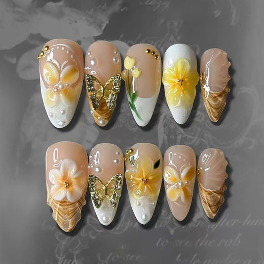 24Pcs Spring Press on Nails Medium Almond Fake Nails with Pearl Butterfly Rhinestones Designs 3D Flower False Nails Yellow Butterflies Acrylic Nail French Tip Full Cover Glue on Nails for Women