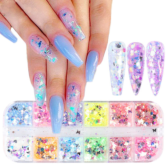 12 Color Butterfly Nail Art Glitter Sequins 3D Holographic Nail Glitter Flakes Irregular Colorful Mermaid Nail Flakes Confetti Stickers for Women DIY Nail Art Face Eyes Make-up Decorations Accessories