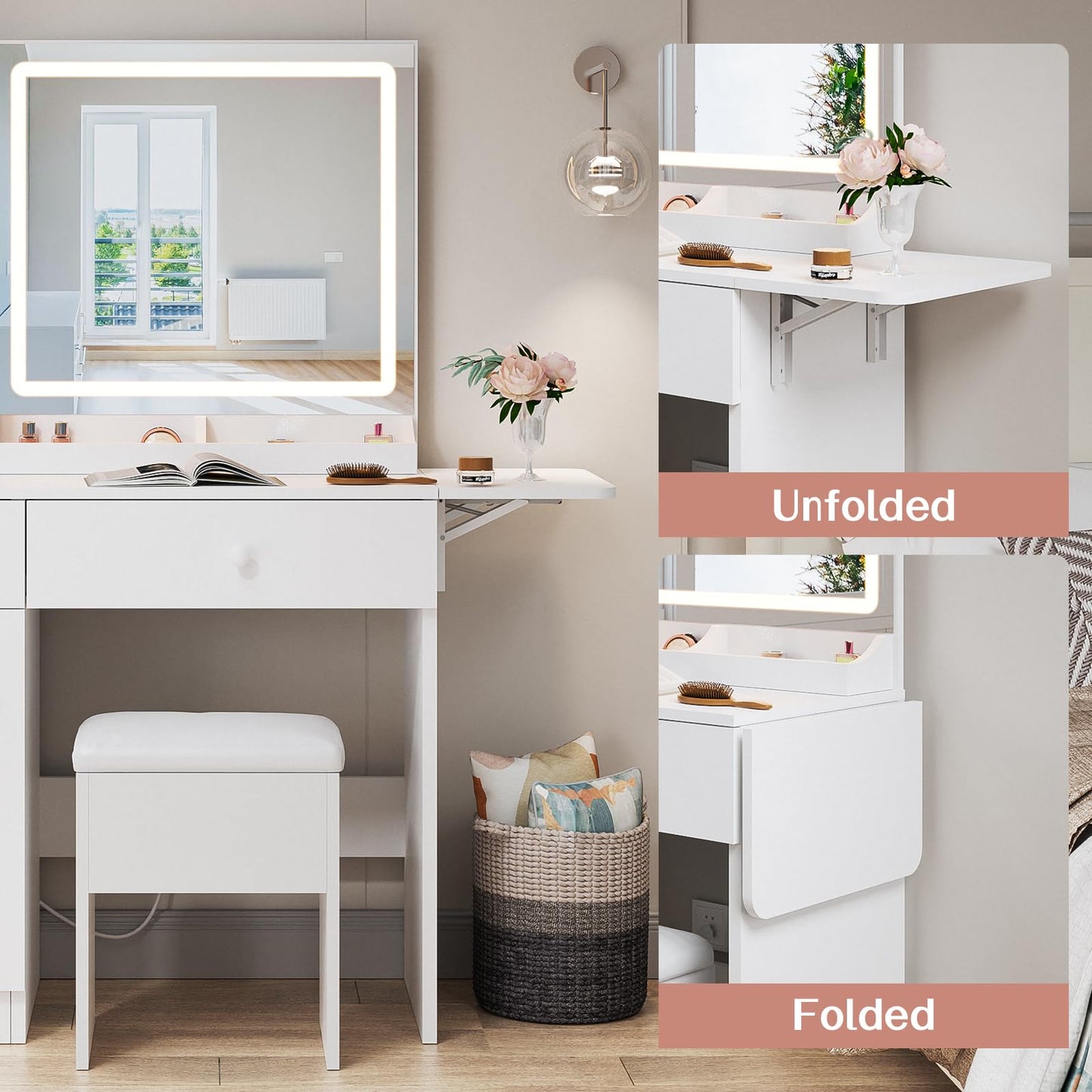 Haewon White Vanity Desk with Mirror and Lights, Makeup Vanity with Charging Station and 3 Lighting Modes, Dressing Table Set with Storage Cabinet, Drawers and Chair for Girls Bedroom