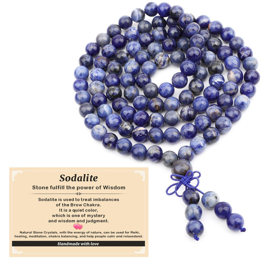 AD Beads 8mm 108 Prayer Mala Sodalite Elastic Bracelet - Stone fulfill the power of Wisdom - Handmade Yoga Meditation Healing Power Energy Gifts for Unisex Adult.