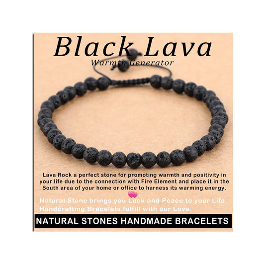 AD Beads 4mm Black Lava - Warmth Generator - Handmade Natural Stone Crystal Bracelet with Adjustable Macrame String - Yoga Healing Power Energy Gifts for Men and Women