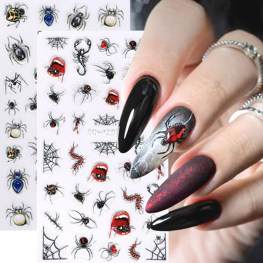 2Sheets Black Spider Nail Art Stickers 5D Embossed Spider Nail Decals with Gems Charms Designs Nail Stickers Self-Adhesive Centipede Spider Web Nail Decal for Women DIY Halloween Nails Decor Accessory