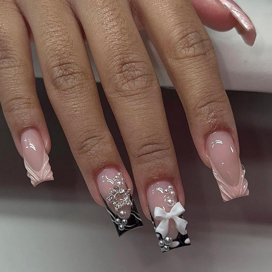 Press on Nails French Tip Fake Nails Medium Square False Nails with Pearl Design Bow Glue on Nail Press ons Glossy Full Cover Artificial Acrylic Nude Stick on Nail for Women Girls Manicure 24cs
