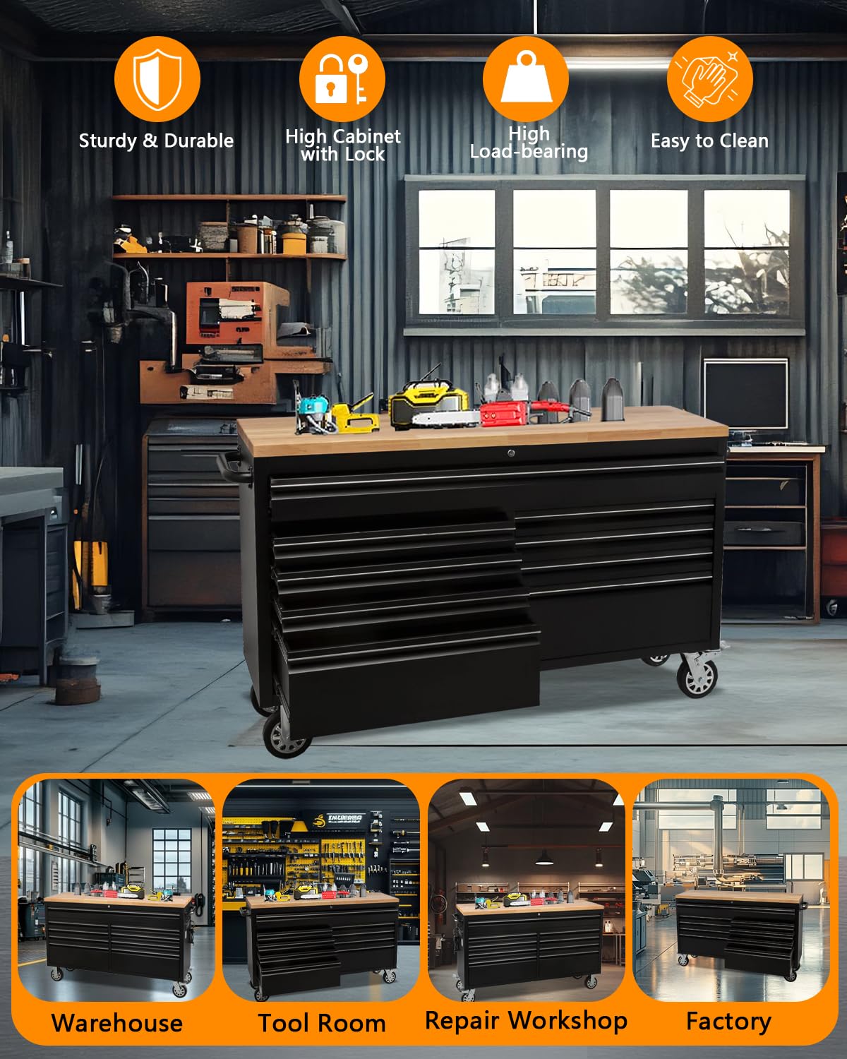 61-Inch Heavy-Duty Rolling Tool Chest & Mobile Workbench with 9 Drawers, Rubber Wood Tabletop, Key Locking System and Drawer Liners, Steel Storage Cabinet for Garage, Workshop, Warehouse Repair