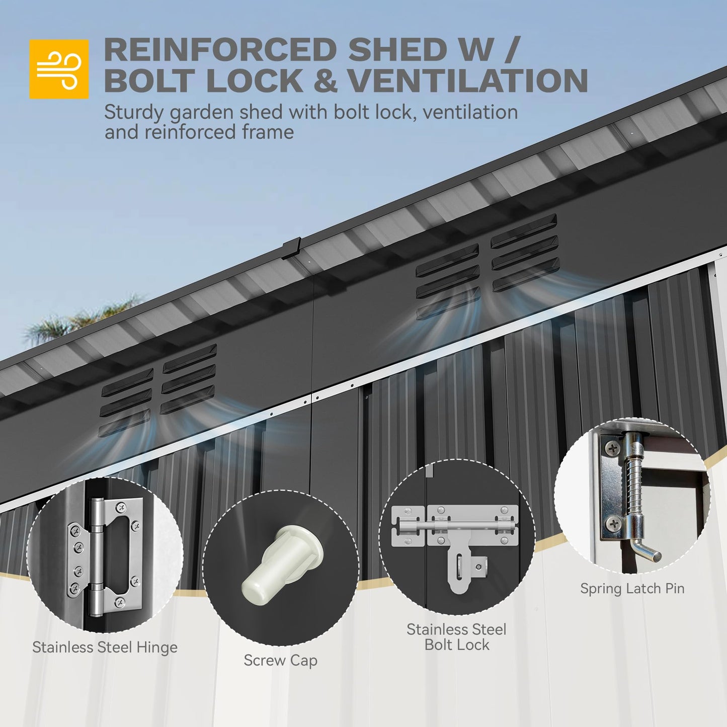 DWVO 9' x 4' Outdoor Storage Shed with Windows, Lockable Double Doors, Sloped Roof, Heavy-Duty Steel Shed for Garden & Patio, Large Backyard Tool Organizer, Dark Gray