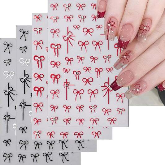 4 Sheets Nail Stickers Bow Nail Art Stickers 5D Rhinestones Relief Cute Red Block Bow Design Nail Supplies for Women Valentines Nails DIY Manicure Decorations