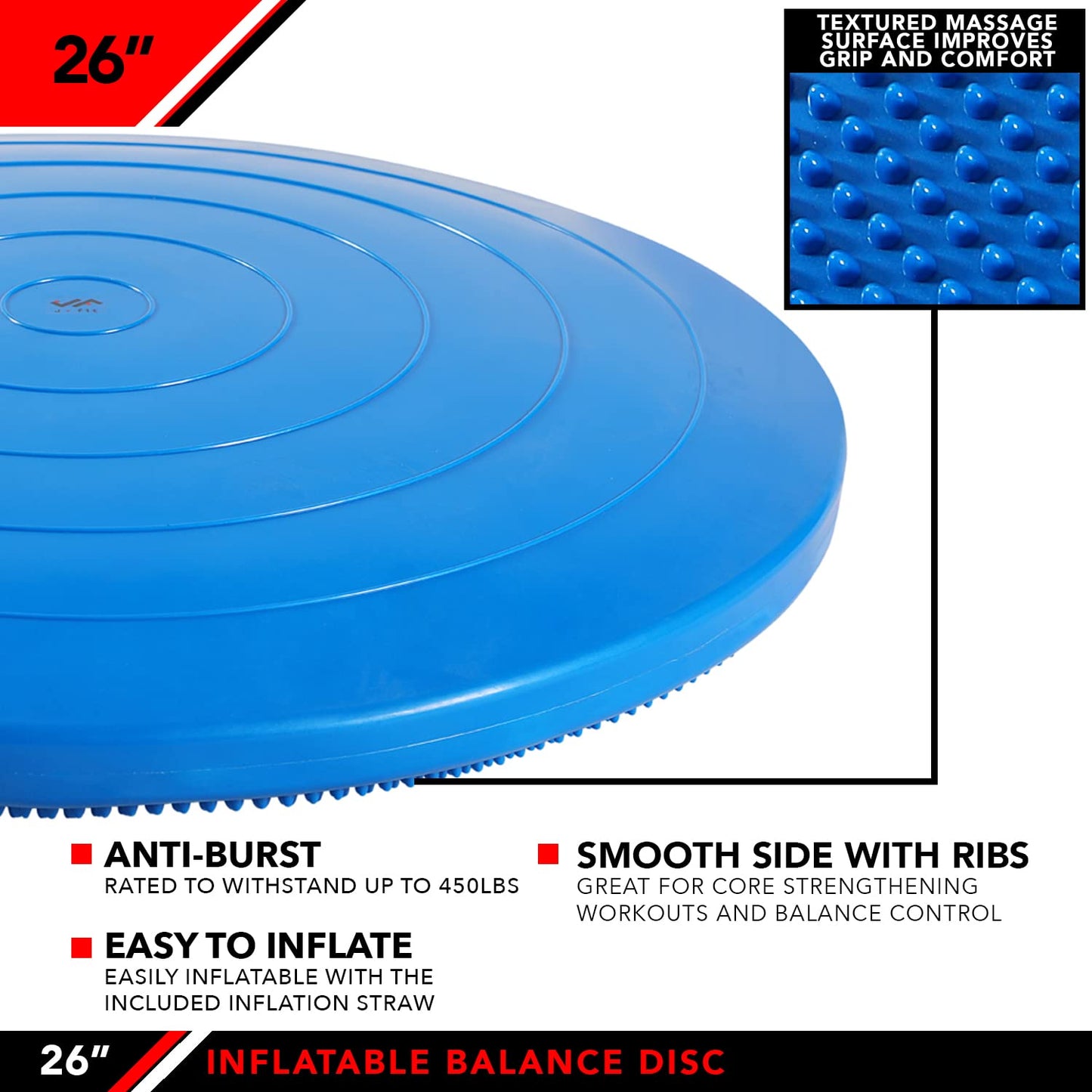 JFIT Inflatable Balance and Stability Disc - LARGE 26" Large Yoga Wobble Cushion Trainer - Core Fitness and Workout Equipment Discs for Home, Office Chair, Ankle Strength and Pet Activity
