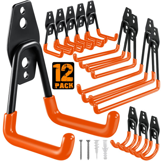 HUPBIPY 12 Pack Garage Hooks Heavy Duty Utility Steel with Anti-Slip Coating Wall Mount Storage Organizer for Hanging Power and Garden Tools, Ladders, Hose, Bikes, Ropes, Bulk Items, and More