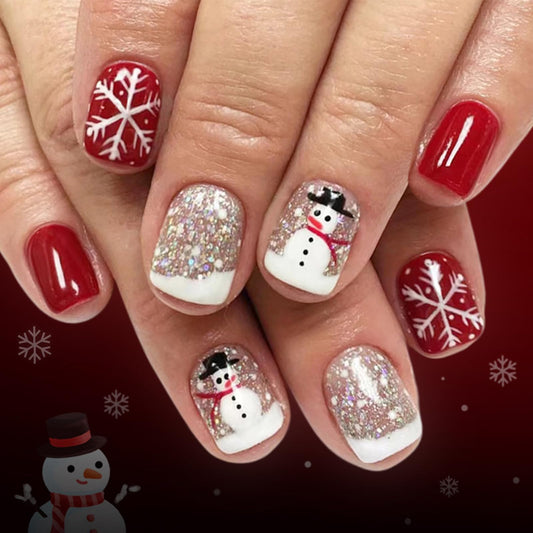Christmas Press on Nails Short Square Fake Nails with White Snowflake Snowman Design Silver Glitter Xmas Red Full Cover Glossy False Nails Press ons Glue on Nails for Girls 24Pcs