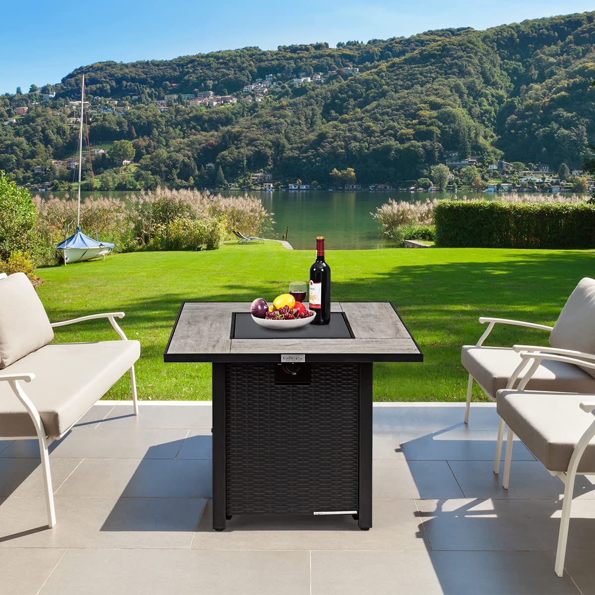 COSTWAY 30" Propane Gas Fire Table, Patio Square Fire Pit Table w/Stainless Steel Burner, 50,000 BTU Heat Output, Elegant Tile Tabletop, PVC Cover Perfect for Poolside, Backyard