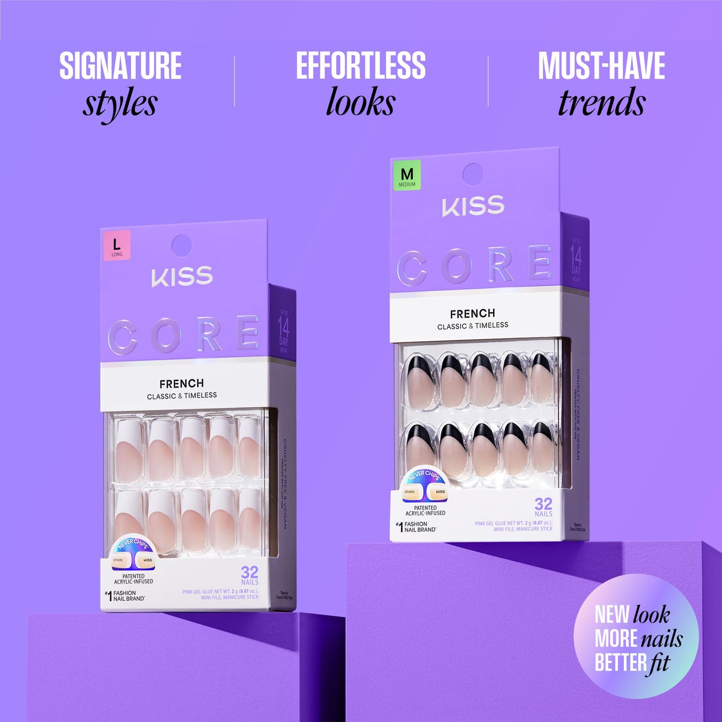 Kiss Core, Press On Nails, Nail glue included, 'Burble', Pink, Medium Size, Almond Shape, Includes 32 Nails, 2g Glue, 1 Manicure Stick, 1 Mini File