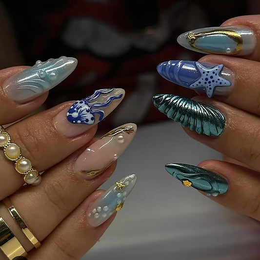 RIICFDD 24 Pcs Medium Press on Nails Almond Shape Fake Nails Blue Nails Press ons Pearl Shell Stick on Nails Starfish Medusa Glue on Nails Full Cover Ocean Theme Acrylic Nails for Women Nail Art