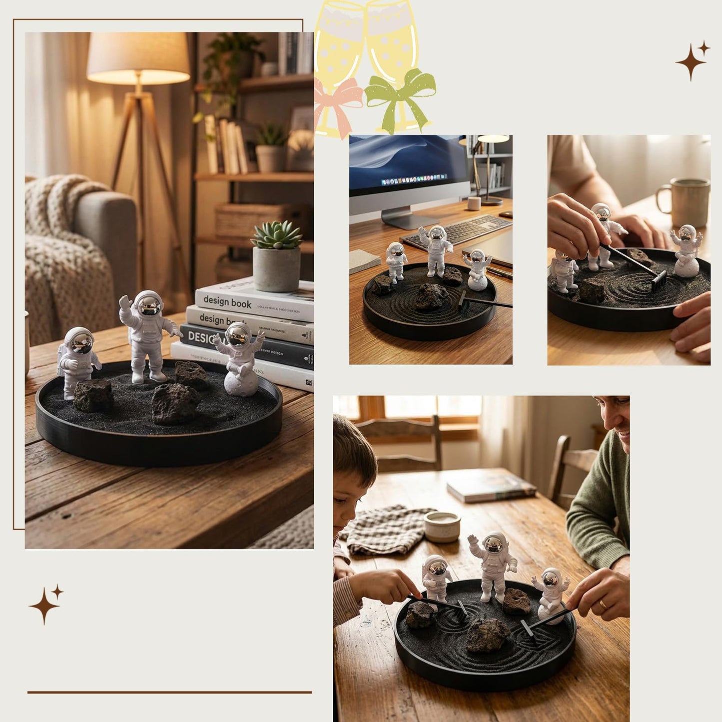 Astronaut Zen Garden Kit, Desktop Zen Garden for Stress Relief, Mini Sandbox with Rake and Decorative Stones for Office & Home Desk Decorations