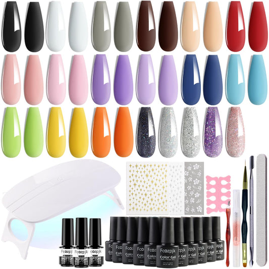 Fcozpjk Gel Nail Polish Set With UV Light, 20 Pcs Nude Pink Blue Black White Gel Nail Polish Kit With Base Gels Top Coat and Nails Art Stickers Soak Off Sparkle Glitter Polishes Home Manicure