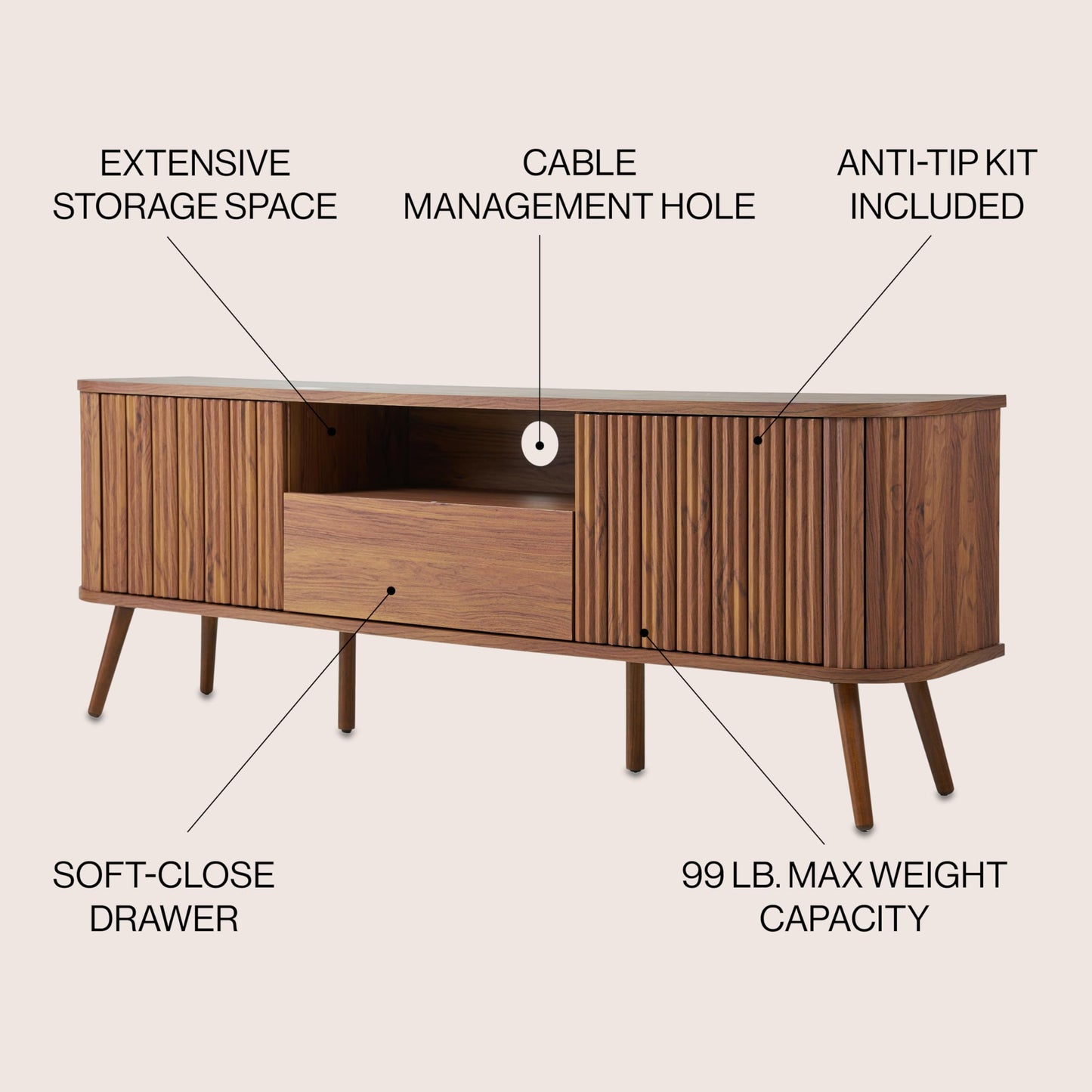 JONATHAN Y TVS1001B Damien 70 in. Farmhouse Curved TV Stand with Drawer and Storage Doors Fits TVs up to 75 in. with Cable Management, Walnut for Living Room, Bedroom, Dining Room