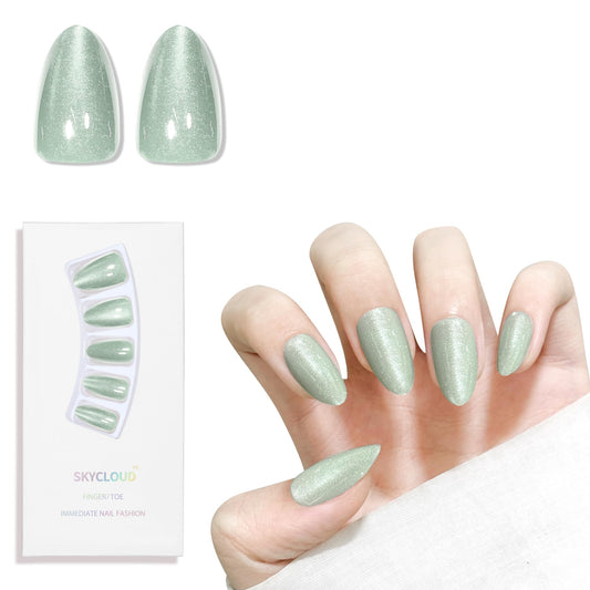 Green Almond Cat Eyes Press On Nails,12 Sizes - 24 Pcs Soft Gel Green Medium Fake Nails Kit with Nail Glue, Natural Reusable Stick On False Nails for Women and Girls SK1026