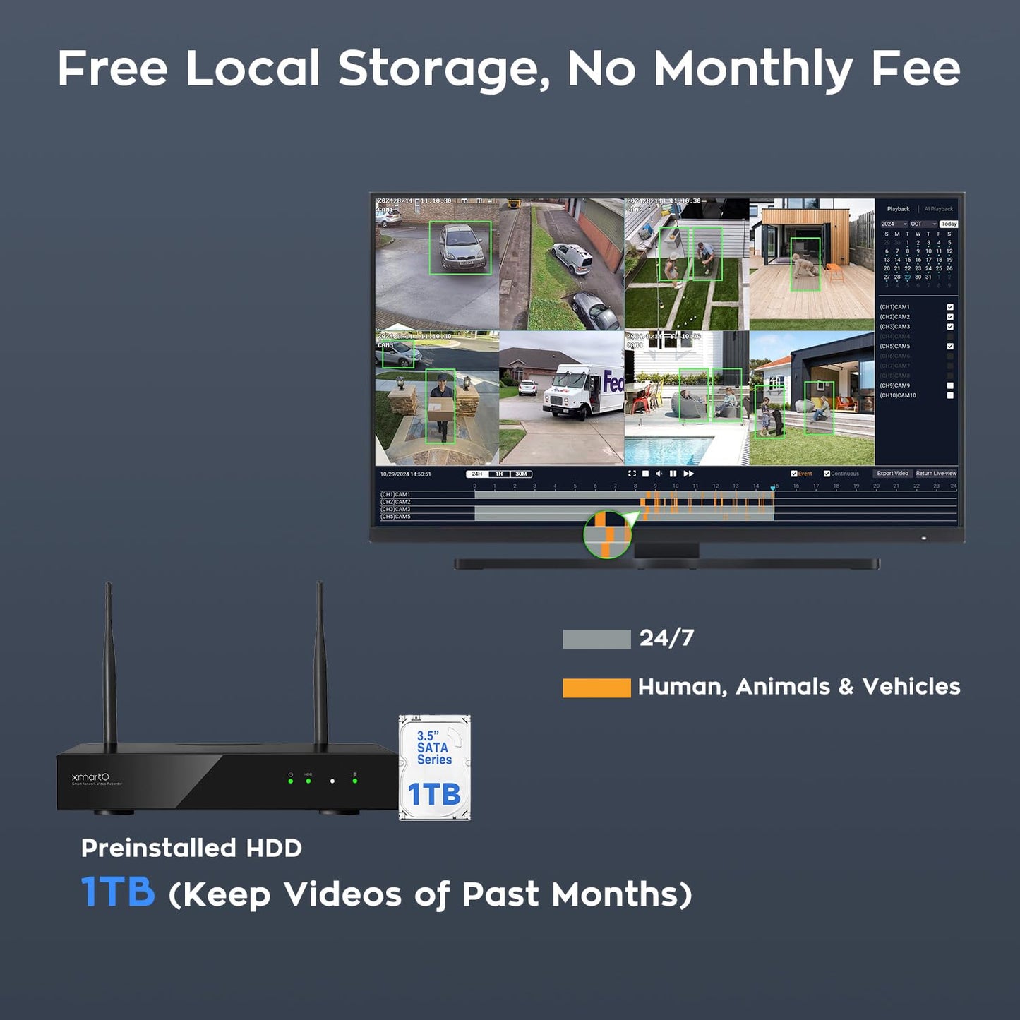 XMARTO [12 Dual-Lens Camera Bundle] 24-View Long Range WiFi6 Mesh Security System, 16CH 4K Dual Band NVR, 4MP 180°+Static FOV & 360°PTZ AI Tracking, 24/7 Plug-in Surveillance, 1TB HDD, No Monthly Fee