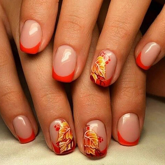 EYZOTSF Thanksgiving Press on Short Square Nails Acrylic Fall False Nails with Maple Leaf Designs Artificial Autumn Leaves Square Fake Nails Holiday Glue Stick ons Fingernails for Women(JB909)