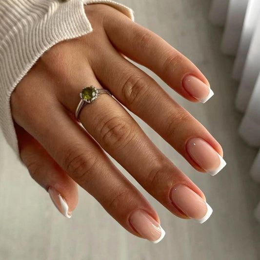 French Tip Press on Nails White Fake Nails Short Square False Nail Nude Glue on Nails Glossy Acrylic Full Cover Stick on Nail for Women DIY Nail Art Decoration 24pcs