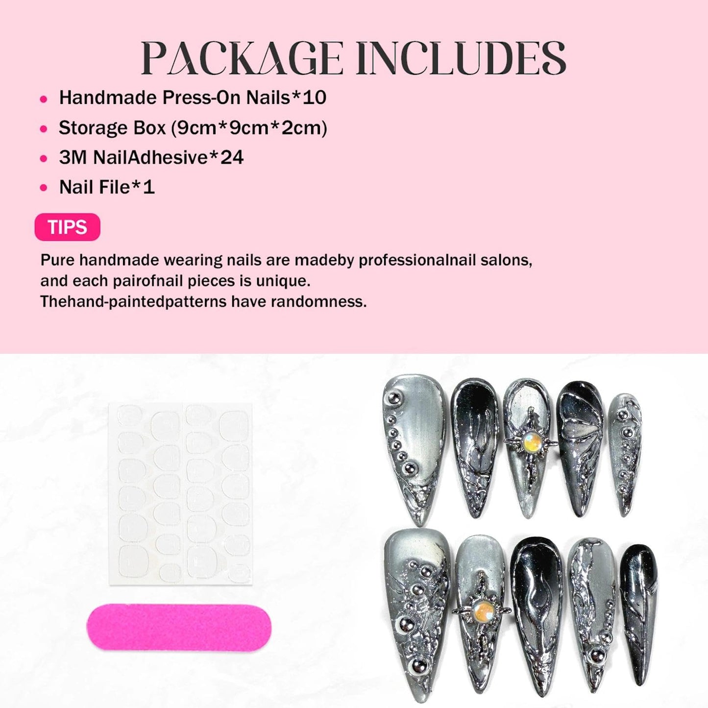 Handmade 3D Metallic Futuristic Stiletto Press On Nails, Silver Black Mechanic Artisan Nails Set, Reusable Glossy Press-ons with Tool Kit (M)