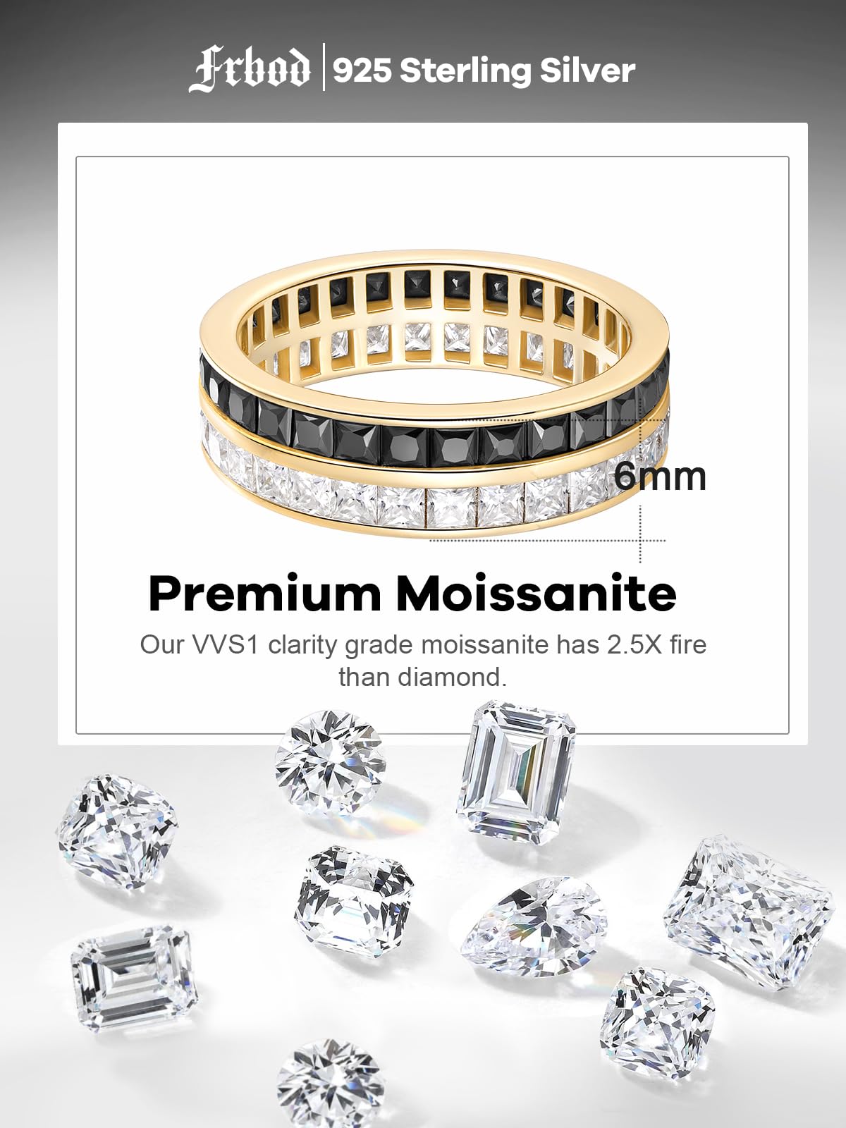 Frbod Moissanite Wedding Bands for Women Wives Black Eternity Diamond Ring Stackable 925 Sterling Silver Rings Size 10