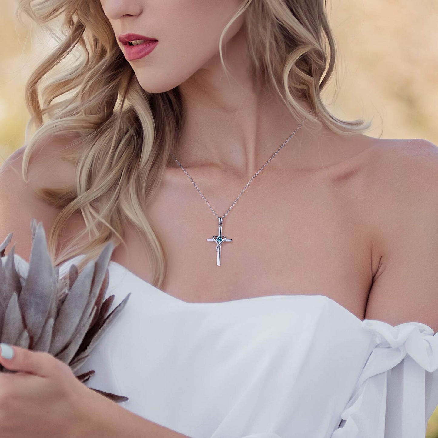AmorAime 925 Sterling Silver Cross Necklace for Women Men 14K Gold Plated 5A CZ Birthstone Necklaces for Holiday (C.Blue-March)