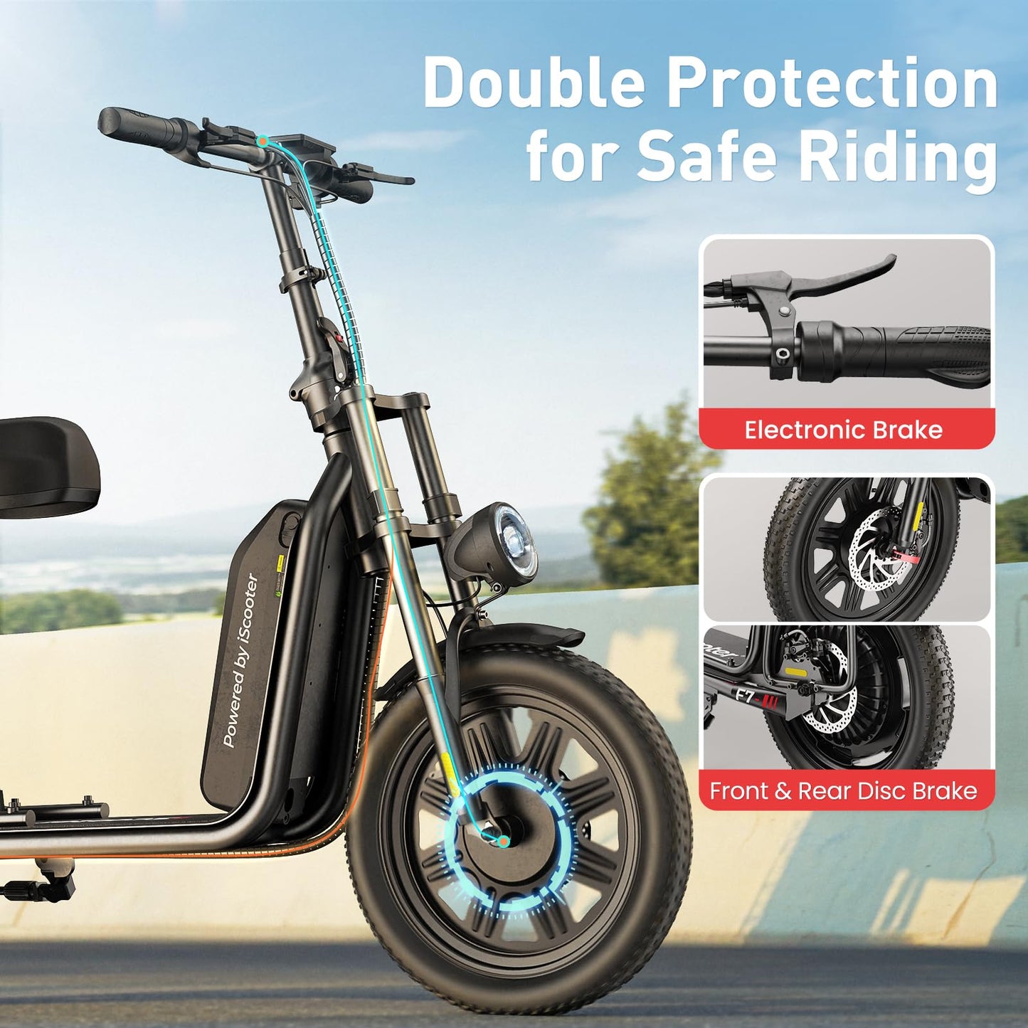 iScooter F7 Electric Scooter Adults, 28 MPH Top Speed & 45 Miles Range, 16'' Fat Tire Scooter for Adults, Detachable Seat & Adjustable Handlebar, 1000W Powerful Motor Electric Scooter with Seat
