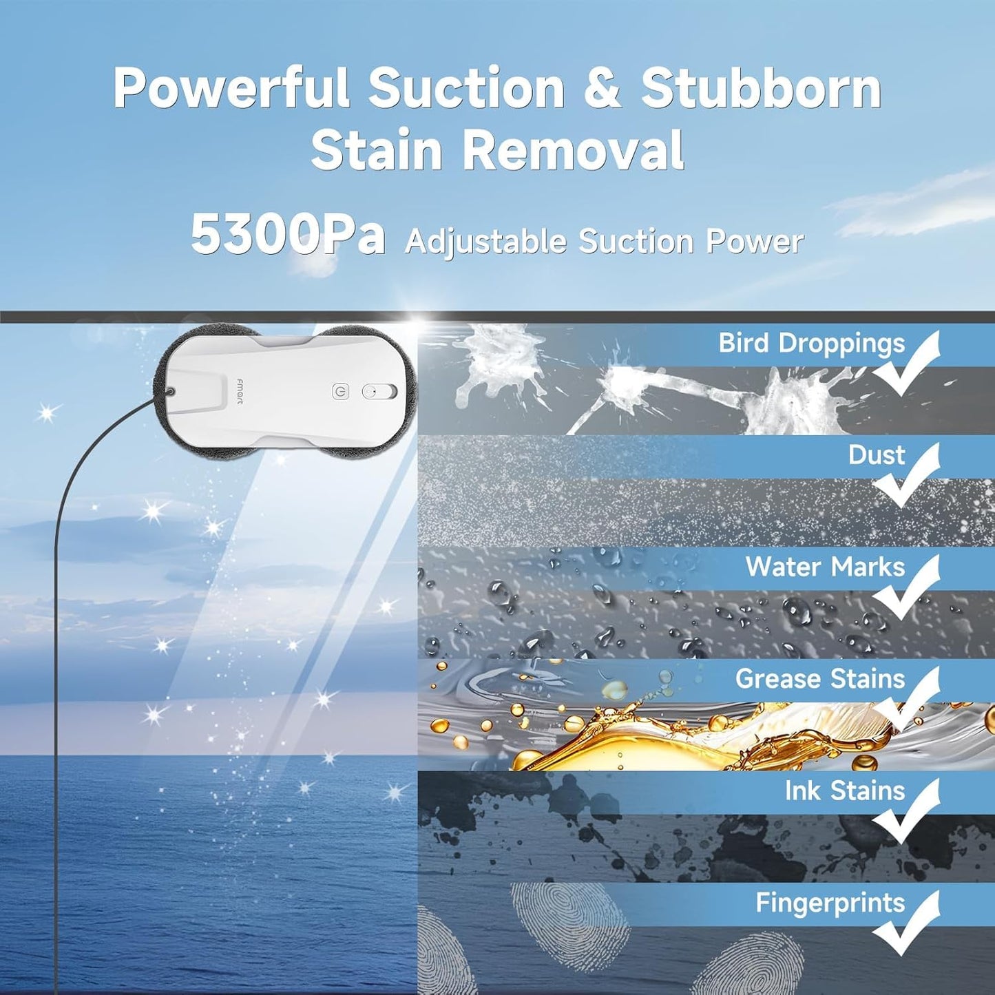 FMART T11 Window Cleaning Robot, Auto 4-Way Water Spray, 5300Pa Strong Suction, High-Speed Cleaning, <60dB Ultra-Quiet, 60mm Slim Window Robot, Smart Navigation, Anti-Drop & 50min UPS Protection