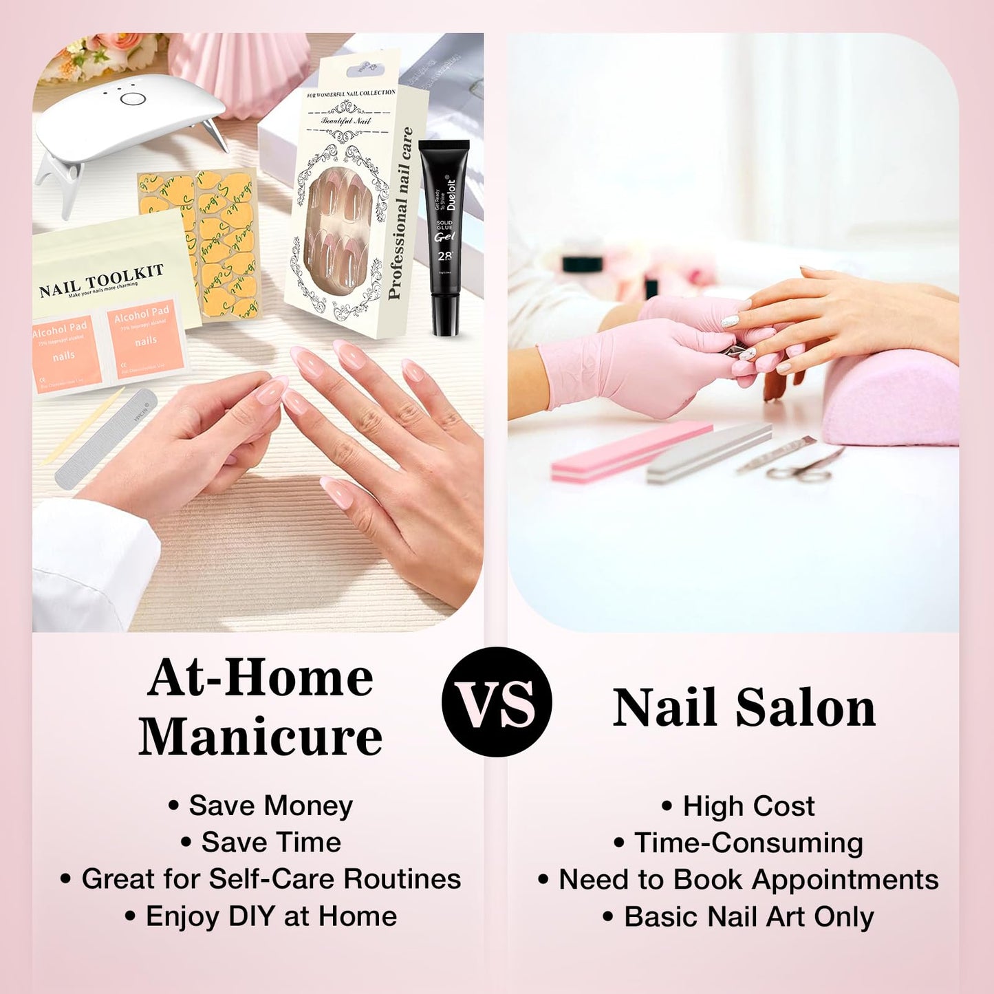 VIVCIN Press On Nails Kit with Nail Lamp,Pink French Tip Short Almond Gel Nails 24Pcs 16Sizes,All-in-One DIY Kit with Glue Remover Top Coat Cuticle Oil Mini UV Lamp,28+Days Long Lasting,Gift for Women