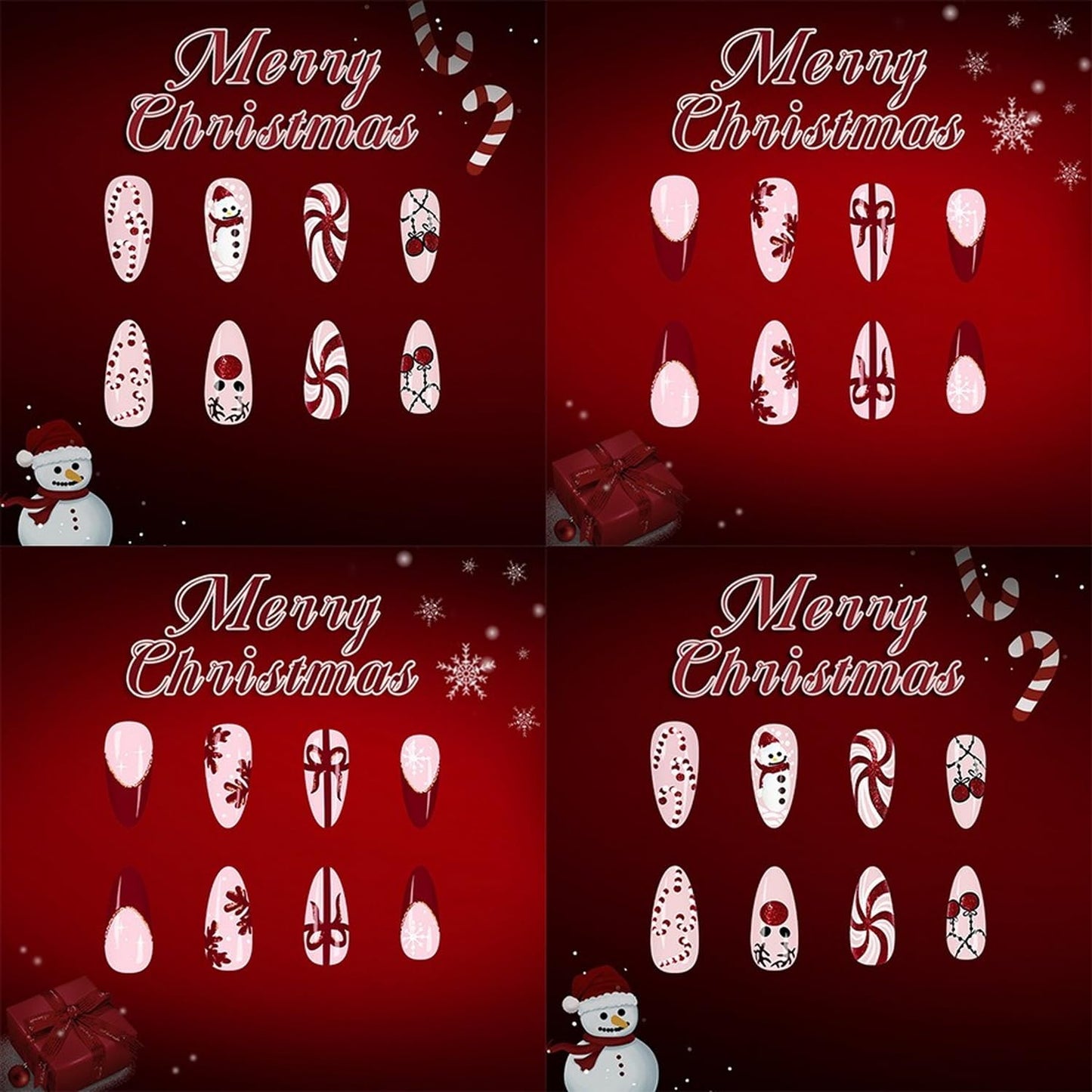 Christmas Press on Nails Kit 48 Pcs Medium Almond Fake Nails 2 Style Red French Tip False Nails with Snowflake Bow Snowman Cane Candy Designs Glossy Glue on Nail Winter Acrylic Nails for Women Girls