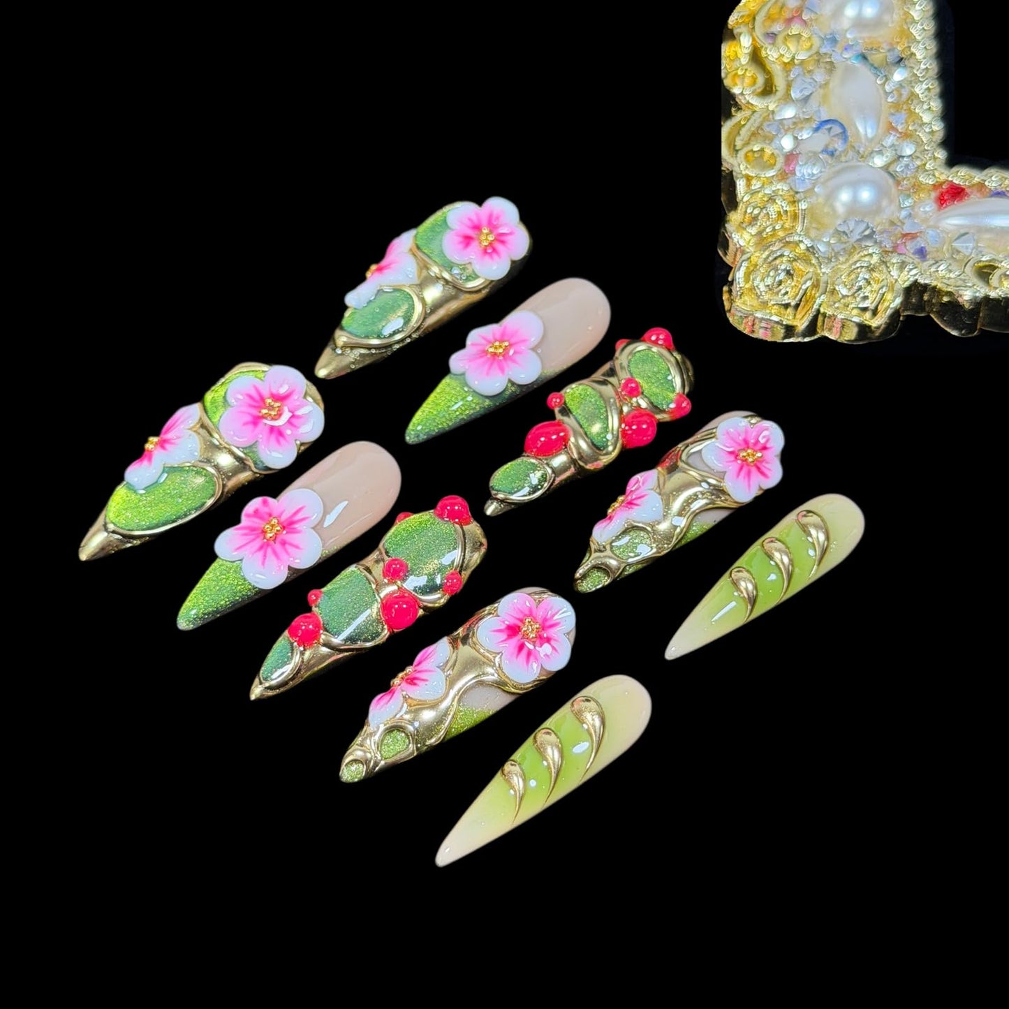Handmade Luxury Floral Press On Nails, Long Stiletto 3D Pink Petals & Emerald Green Glitter Ombre, Gold Foil Acrylic Reusable False Nails Elven Forest (S)