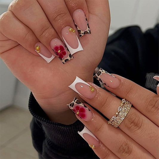 IMSOHOT Press on Nails Long Square Fake Nails - Leopard Print French Tips, Red Flower, Glossy Acrylic False Nails Glue Stick on Nails for Women Girls DIY Manicure Supplies