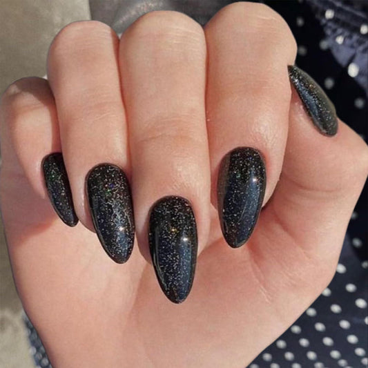 Glitter Black Press on Nails,By Artificial Apply UV Top Coat, Almond Shape Galaxy Fake Nails Stick Glue on Nails Set Reusable Complete Set of 24pcs