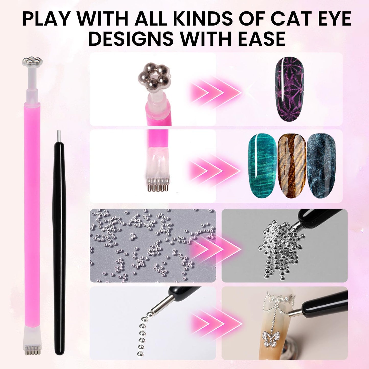 ESUOHYM 37 PCS Cat Eye Magnet Set, 6 In 1 Nail Polish Magnets for Nail Polish Gel, Hearts Flowers Magnets for Nails, Nail Art DIY Design Supplies for Home, Salon