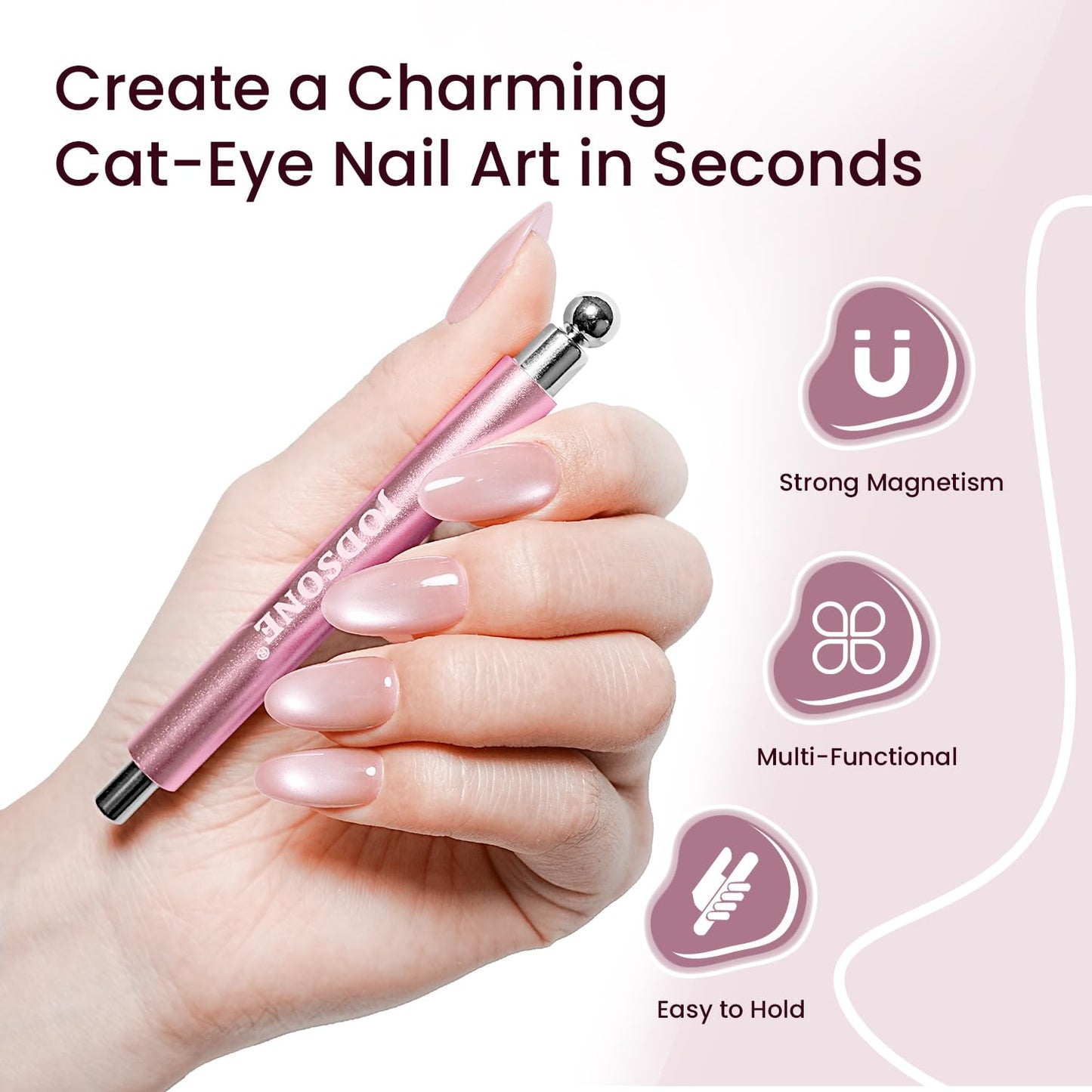JODSONE 3-in-1 Cat Eye Magnet Nail Art Tool,Pink Gold Cylindrical & Round Ball Nail Magnet Pens, Multi-Effect Magnets for Cat Eye Gel Polish DIY at Home Salon(Magnet Only, No Gel Included)