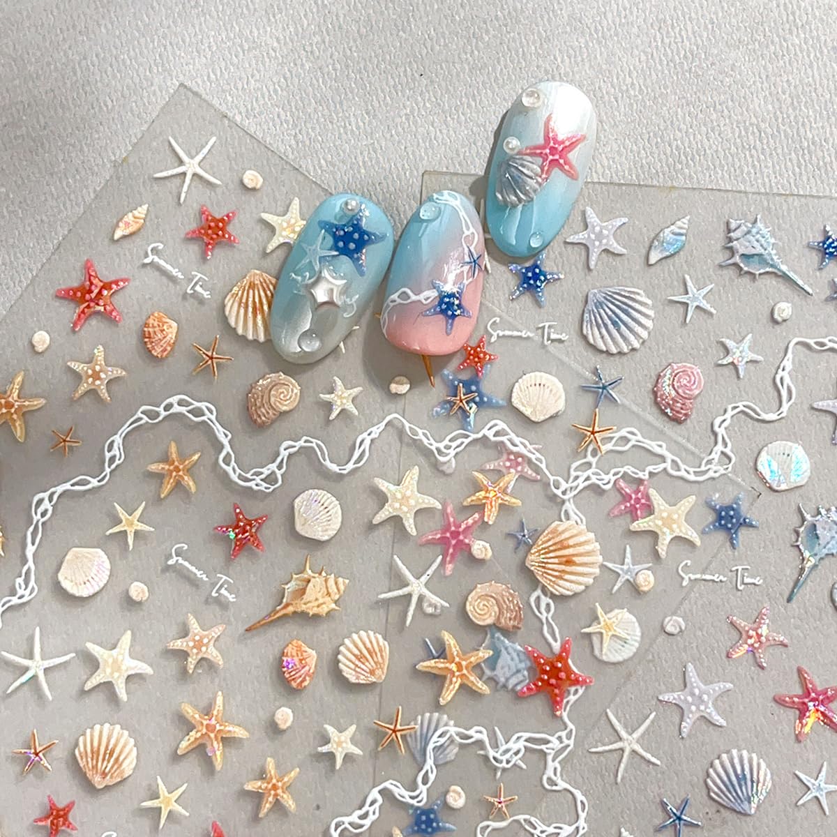 5D White Embossed Nail Stickers Beach Shell Nail Art Stickers Summer Nail Decals Self-Adhesive Star Sea Waves Starfish Designs Nail Art Decals Acrylic Nails DIY Supplies for Women Girls Manicure