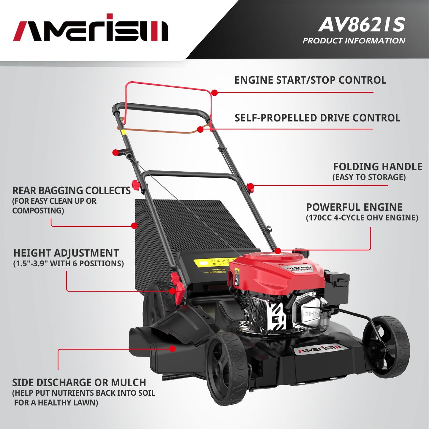 AMERISUN Self Propelled Gas Lawn Mower, 21" with 170cc 4-Cycle OHV Engine 3-in-1 RWD Self-Propelled Lawn Mower (AV8621S1)