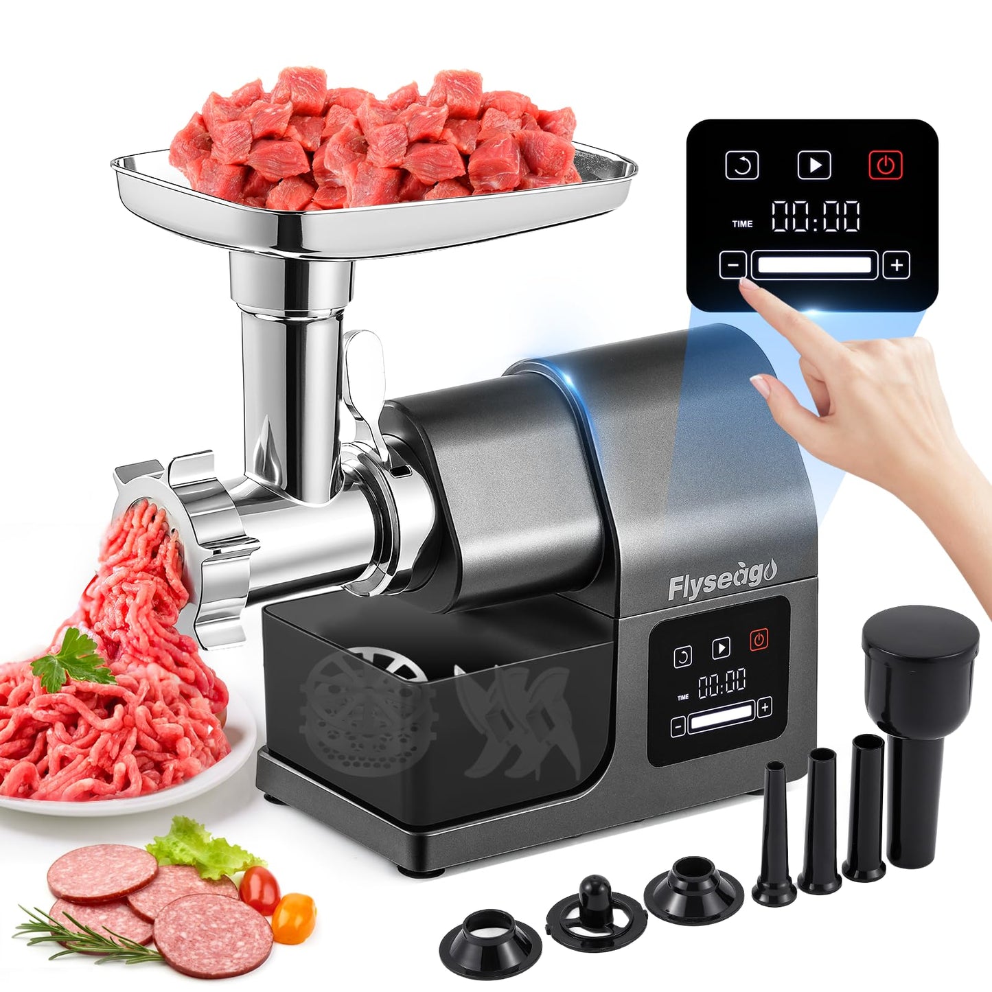 Flyseago Meat Grinder Electric 3200w Digital Touch Control Commercial Heavy Duty Meat Grinder and Sausage Stuffers, Kubbe Kit for Household Use & Commercial