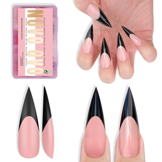 NOVO OVO Black French Tip Long XL Sharp Stiletto Nail Tips Press on BABY PINK, Soft Gel Double Matte Fake Nail Extension, Full Cover False Nails for Acrylic DIY x 16 Sizes 160 pcs