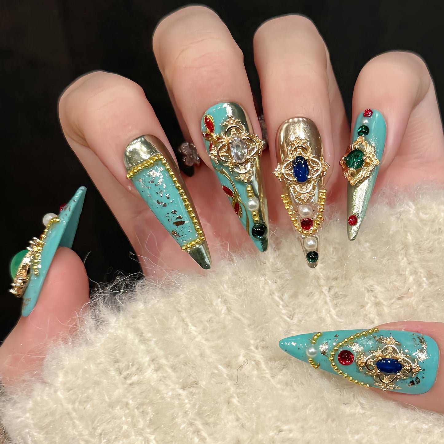 Luxury Press on Nails 10Pcs – Handmade Turquoise Gemstone Nails with Pearls & Rhinestones – Long Coffin Acrylic False Nails with Gold Foil – Jeweled Bling Fake Nails for Party Wedding