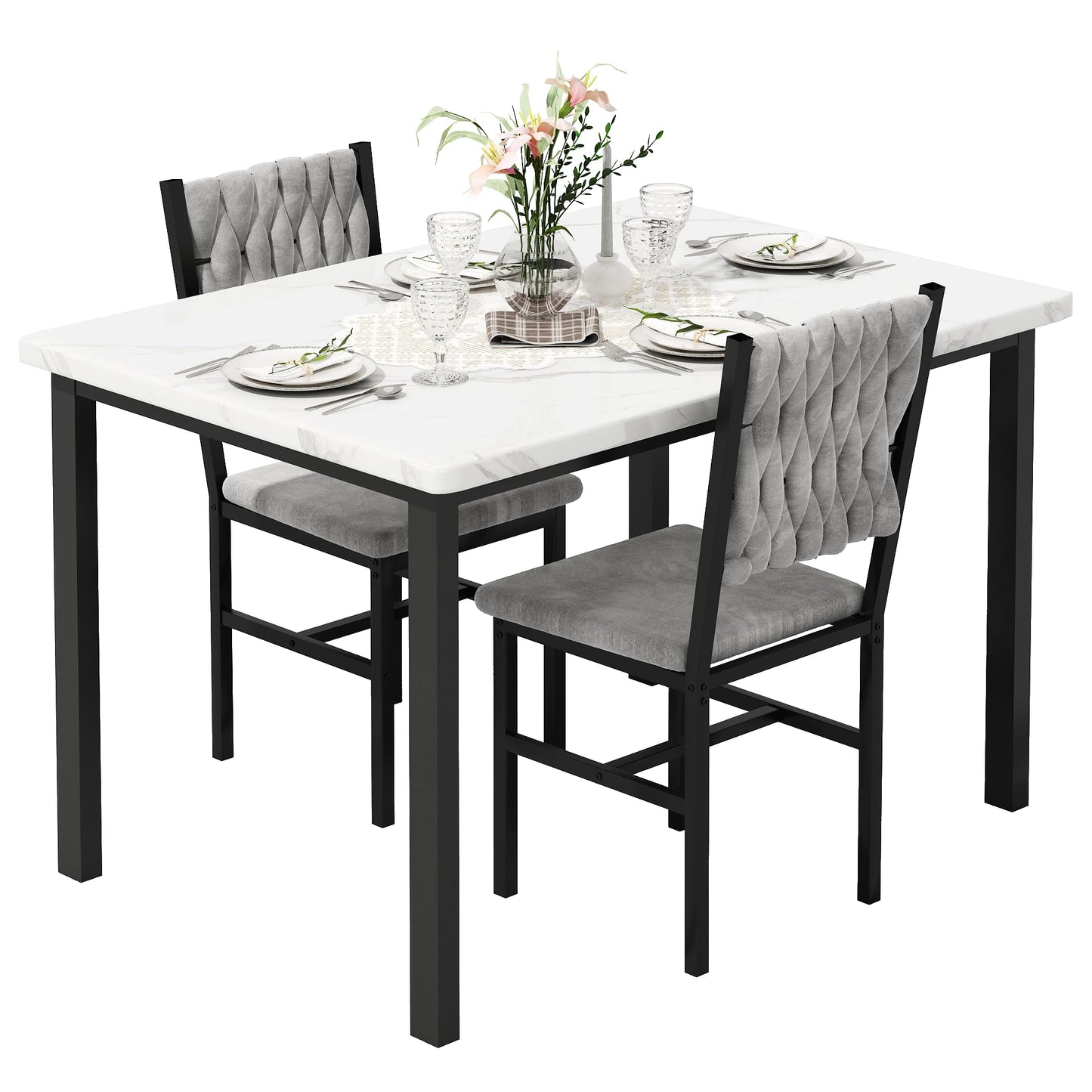 AWQM 3 Piece Dining Table Set for 2, Small Kitchen Dining Table with Upholstered Chairs, Compact Dining Table Set for Small Spaces, Space for Dining Room, Living Room, Apartment (White+Gray)
