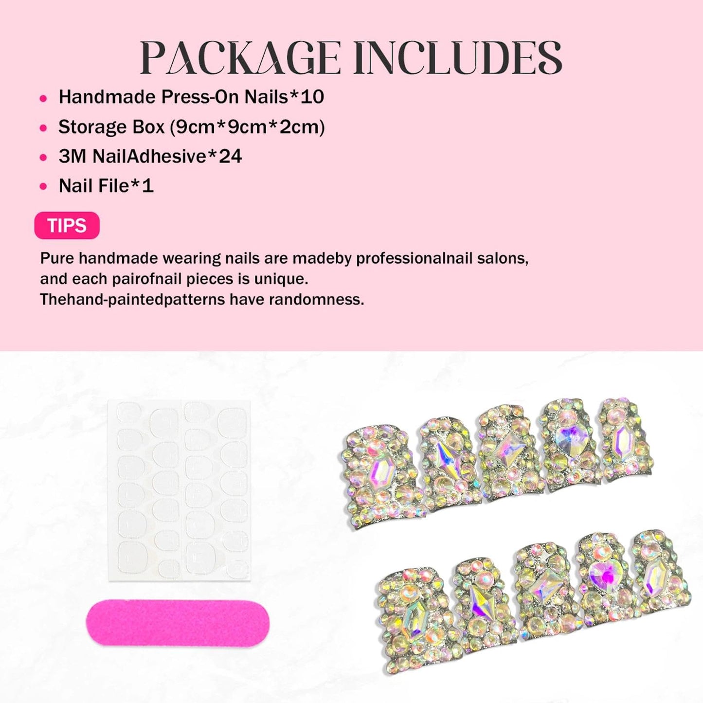Handmade 3D Iridescent Full Rhinestone Square Press On Nails, Luxury Rhinestone Stage Style Artisan Nails Set, Reusable Glossy Press-ons with Tool Kit(S)